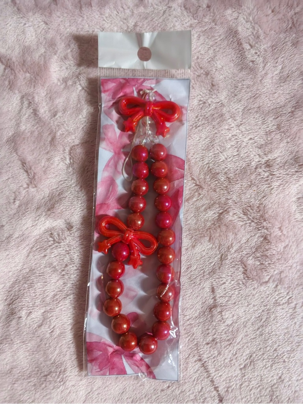 Handmade phone charm Girls Bright Red Beaded Necklace with Bow Accent